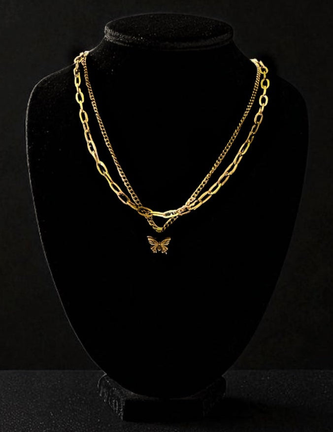 Sunset butterfly double chain necklace