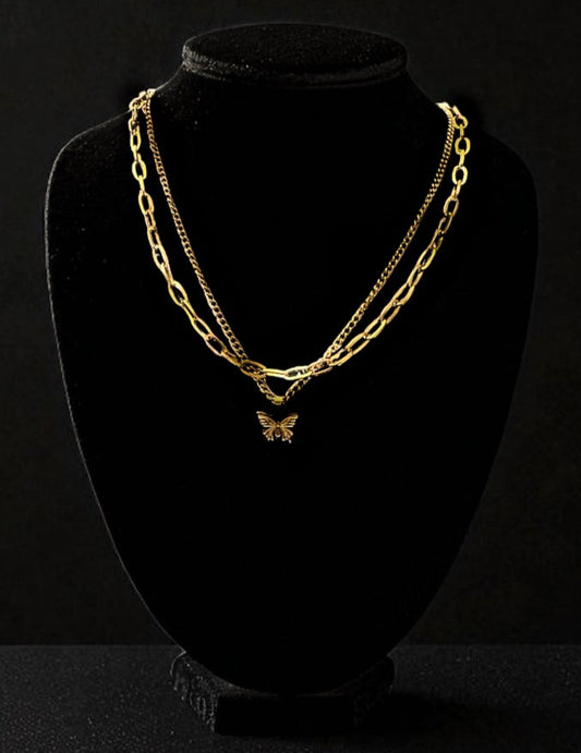 Sunset butterfly double chain necklace