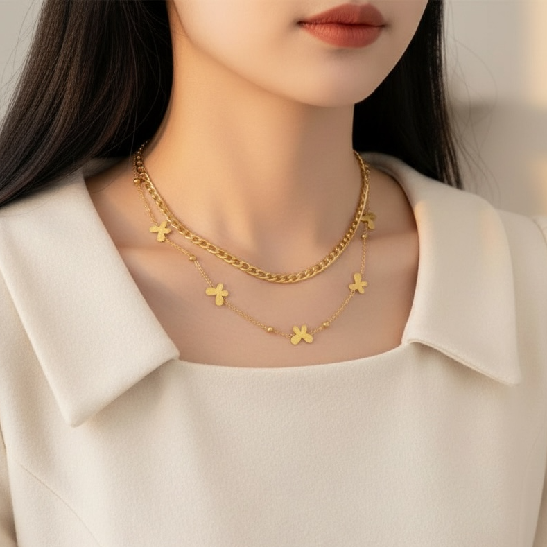 Gold double layered trendy butterfly necklace