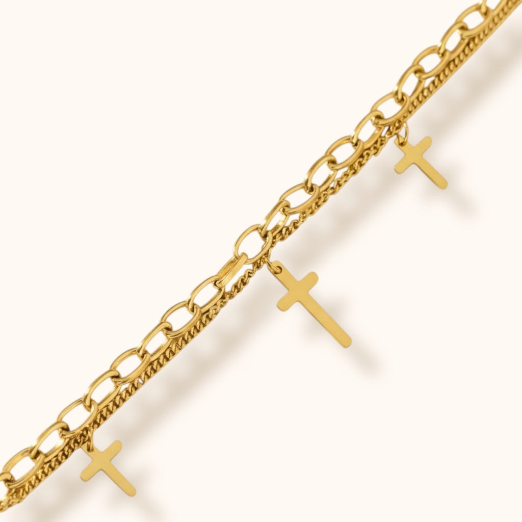 Double chain Gold bracelet with unique clip chain on wrist