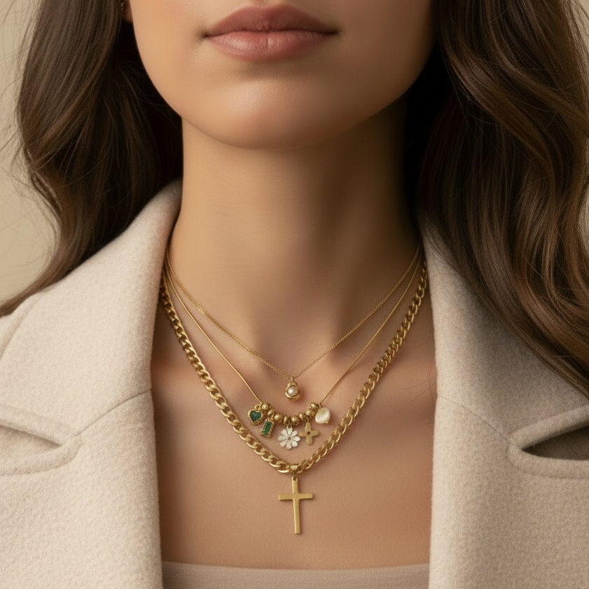 Woman wearing a gold necklace with a cross pendant against a neutral background