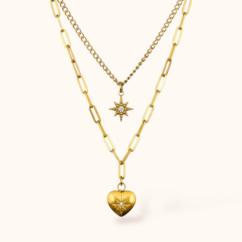 Gold-plated Celestia Necklace with double layers, shooting star pendant and heart pendant with mini zircons on neutral background