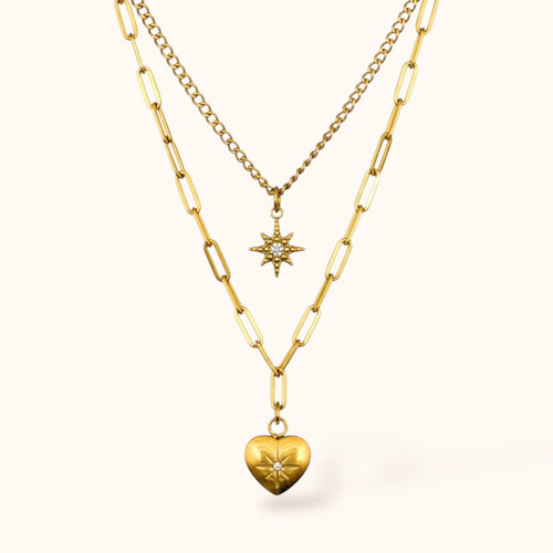 Gold-plated Celestia Necklace with double layers, shooting star pendant and heart pendant with mini zircons on neutral background