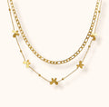Gold layered double chain necklace featuring small butterfly charms, trendy dainty fashion accessory