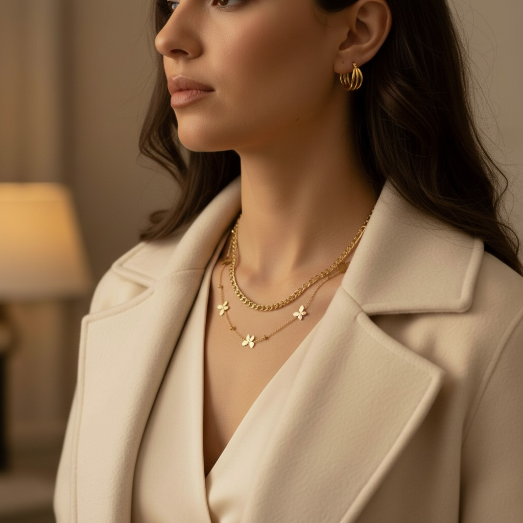 “Medium gold hoop earrings, carriage-inspired silhouette, minimal modern jewelry”
