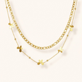 Layered gold double chain necklace featuring small butterfly charms, trendy dainty fashion accessory